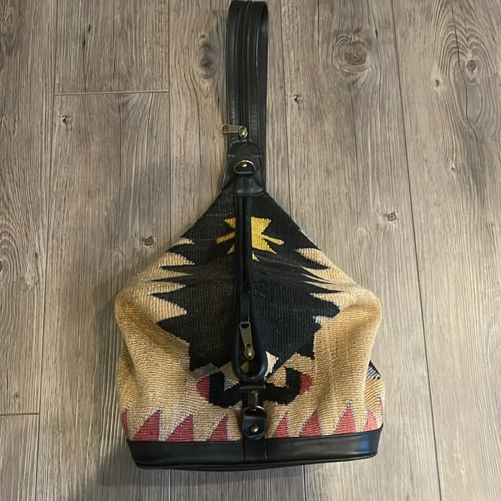 Kilim Black and Tan Tapestry Small Backpack with Black Leather Trim - Picture 16 of 16